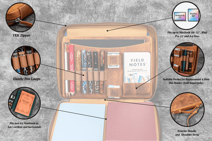 Leather Compendium Bag - A4 Zippered Folio Organizer - Undyed Leather