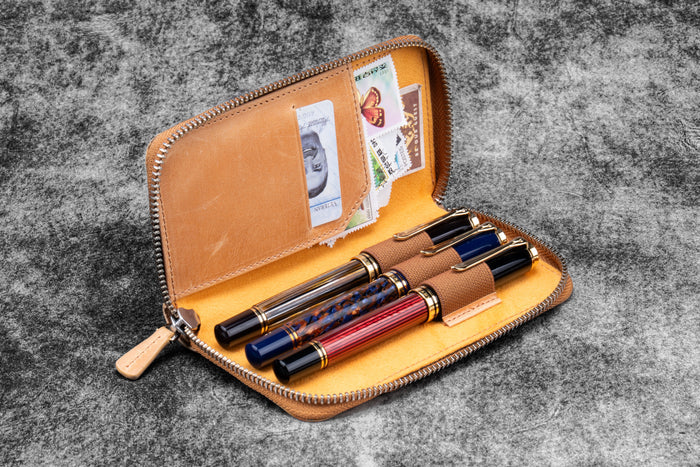 Leather Zippered 3 Slots Pen Case - C.H. Honey Ochre