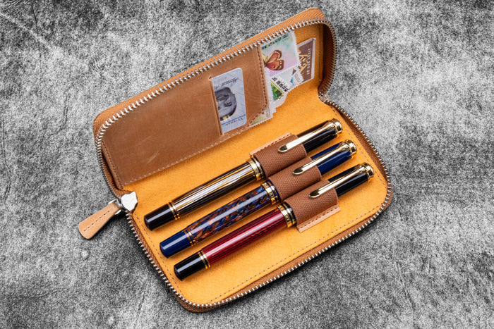 Leather Zippered 3 Slots Pen Case - C.H. Honey Ochre