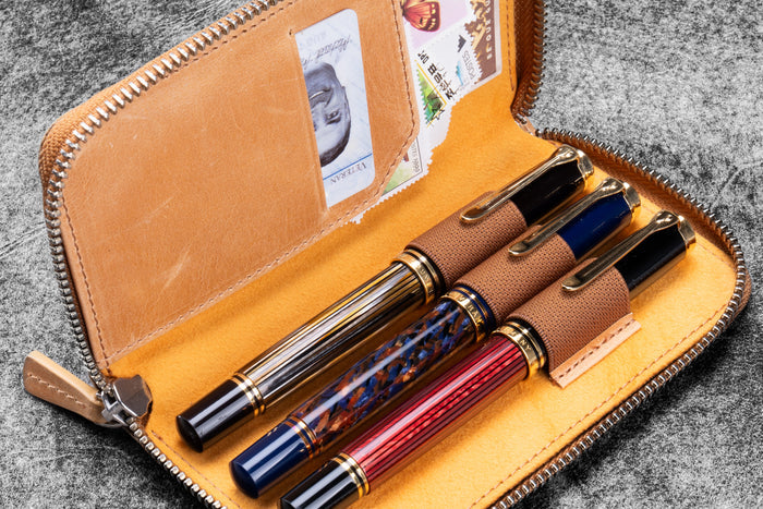 Leather Zippered 3 Slots Pen Case - C.H. Honey Ochre