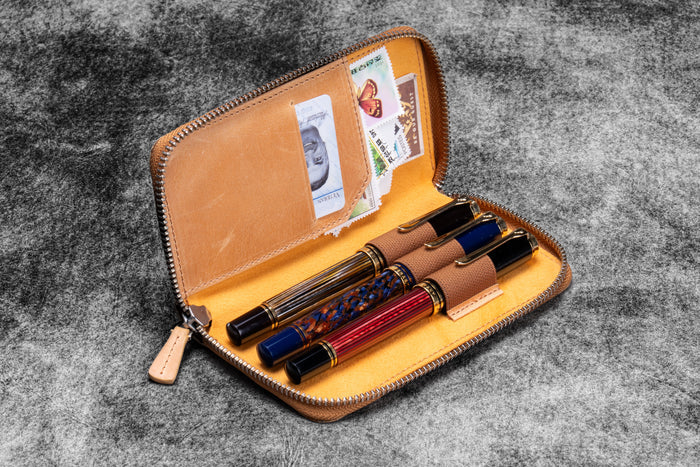 Leather Zippered 3 Slots Pen Case - C.H. Honey Ochre