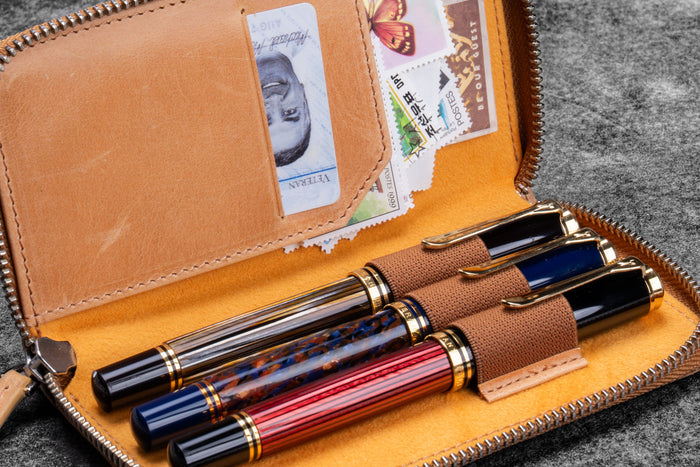 Leather Zippered 3 Slots Pen Case - C.H. Honey Ochre