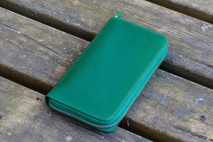 Leather Zippered 3 Slots Pen Case - Green