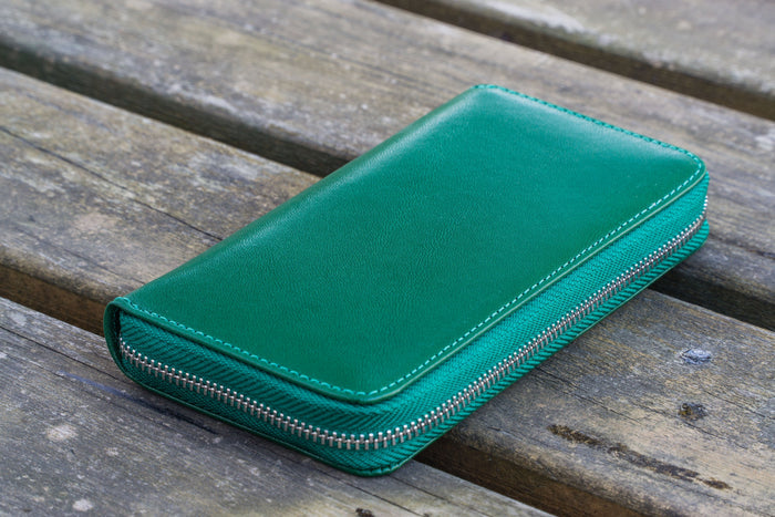 Leather Zippered 3 Slots Pen Case - Green