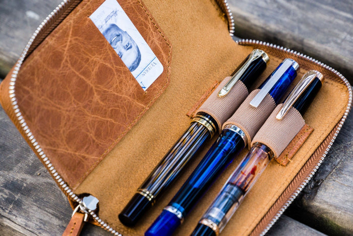 Leather Zippered 3 Slots Pen Case - Rustic Brown