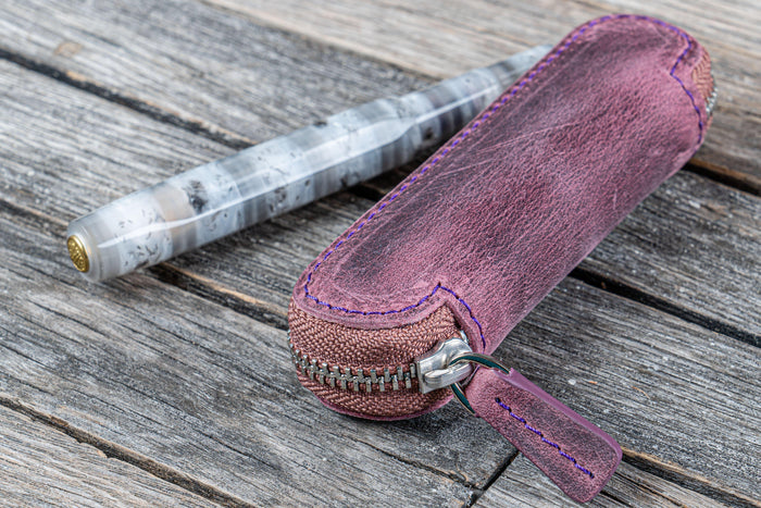Leather Zippered Single Pen Case for Kaweco - Pocket Pen - Crazy Horse Purple