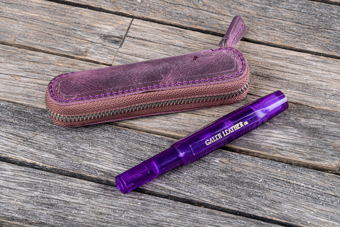 Leather Zippered Single Pen Case for Kaweco - Pocket Pen - Crazy Horse Purple