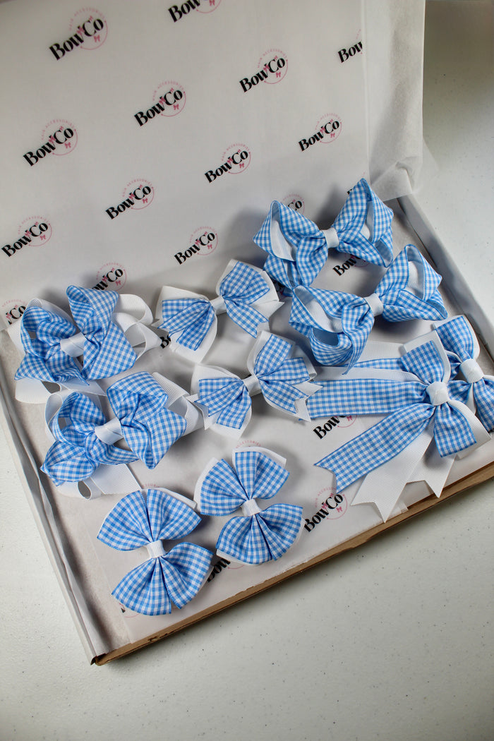 Light Blue Gingham School Bow Bundle M/L - Clip - 10 Bows
