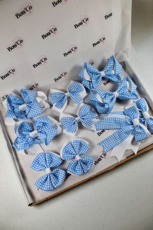 Light Blue Gingham School Bow Bundle M/L - Clip - 10 Bows