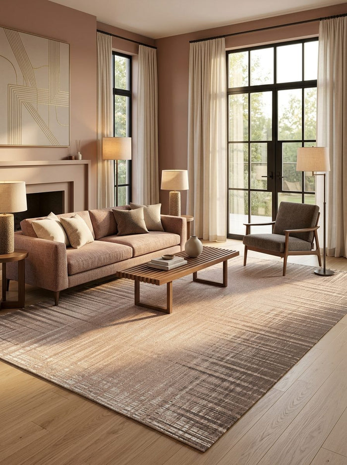 Brown and beige rug with a linear, distressed texture, styled in a modern living room.