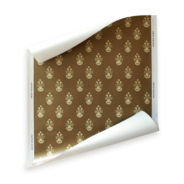 Lucie Cacao wallpaper in warm brown with subtle floral pattern, made-to-order with short lead times, manufactured in the USA quality