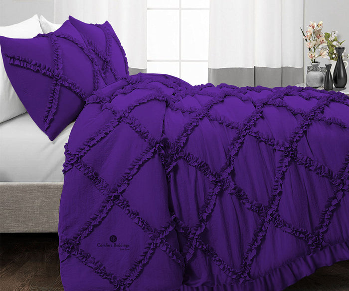 Luxurious Purple Diamond Ruffled Duvet Cover Set