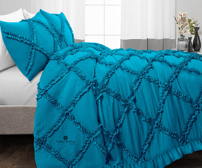 Luxurious Turquoise Blue diamond ruffled Duvet Cover And Pillowcases