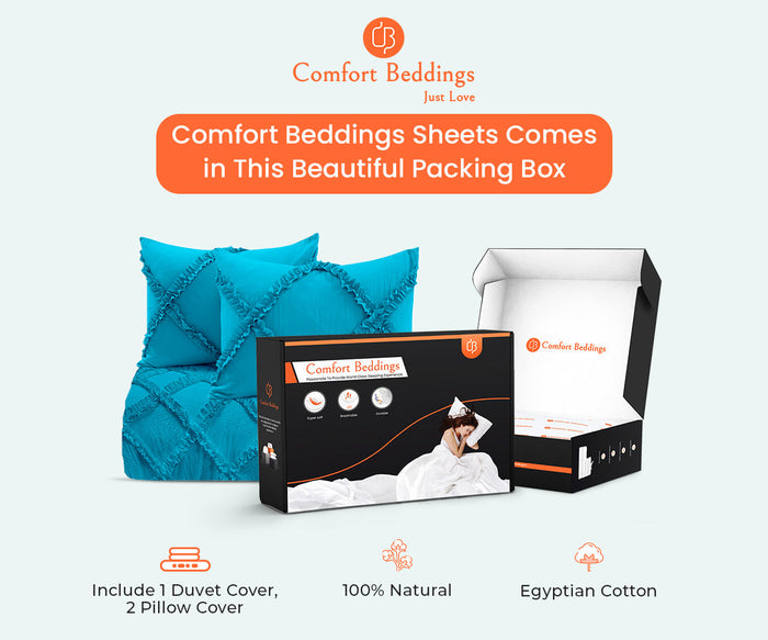 Luxurious Turquoise Blue diamond ruffled Duvet Cover And Pillowcases