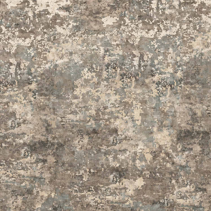 Grey, beige, and blue abstract rug with a distressed, mottled texture.