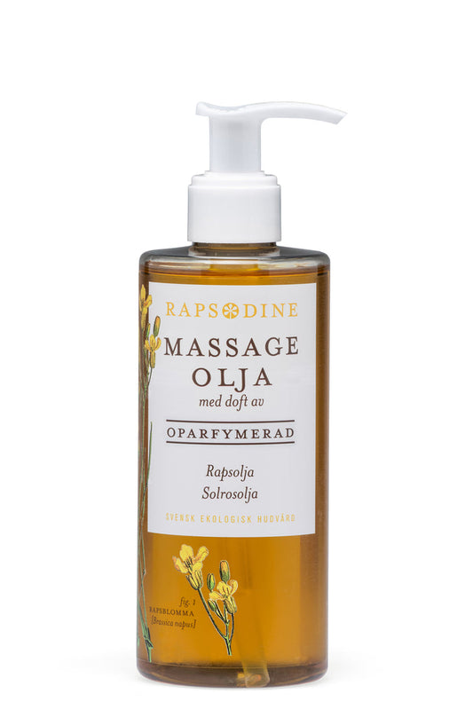 Svensk, ekologisk och vegansk massageolja, oparfymerad, 250 ml från Rapsodine