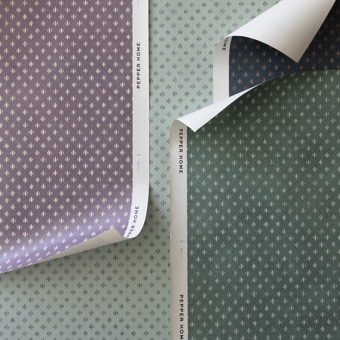 Maude Celadon wallpaper sample rolls with ivory motifs, made to order in the USA with short lead times