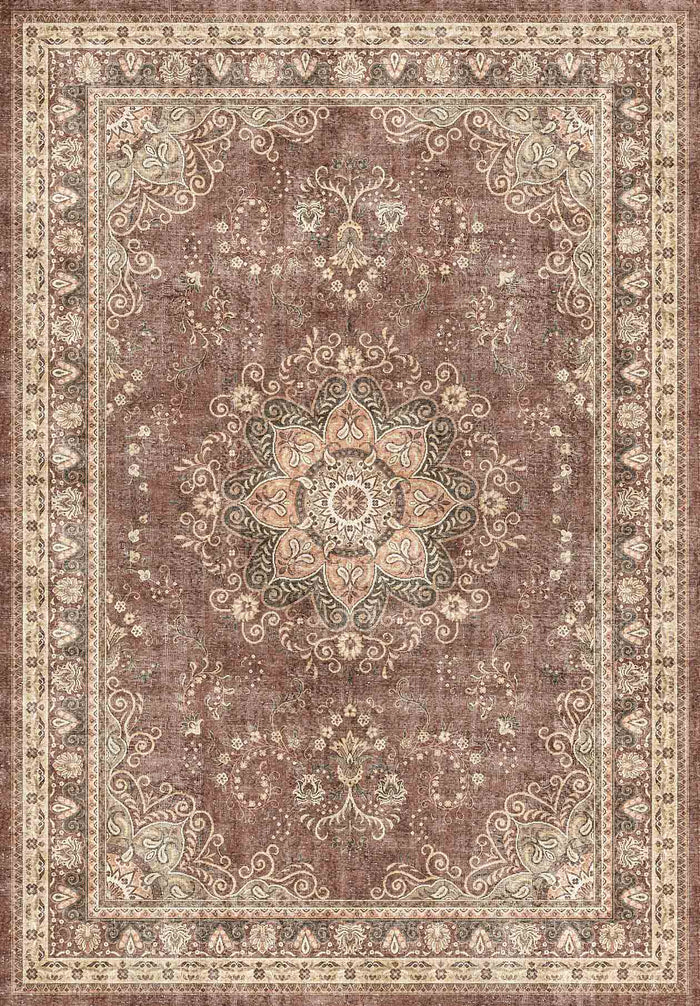 Brown traditional rug with a central floral medallion, intricate scrollwork, and a decorative border.
