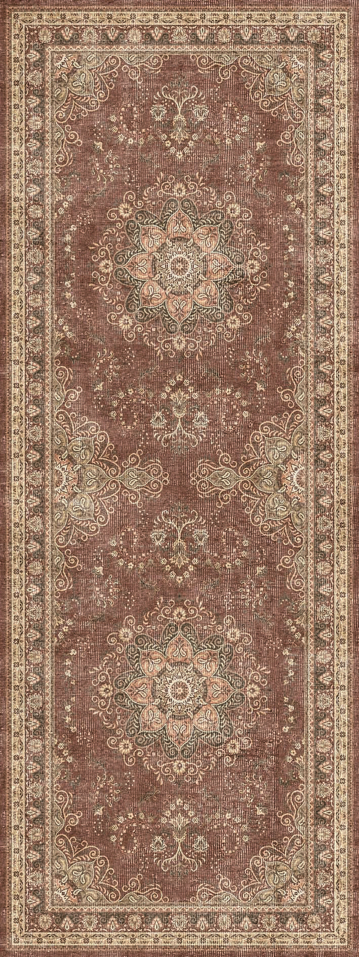 Rust-colored runner rug with a distressed traditional floral medallion pattern and a decorative cream border.