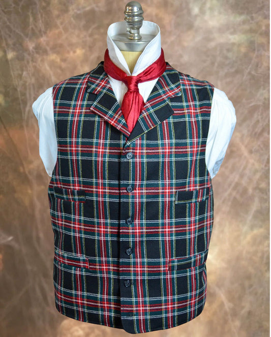 Men's Notch Vest - Red Black and White Tartan f04