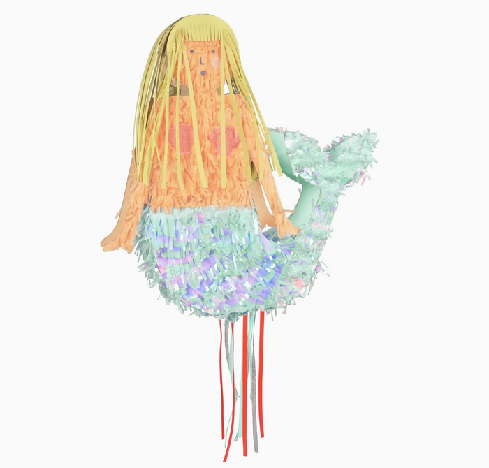 Mermaid-shaped piñata with colorful design on a white background