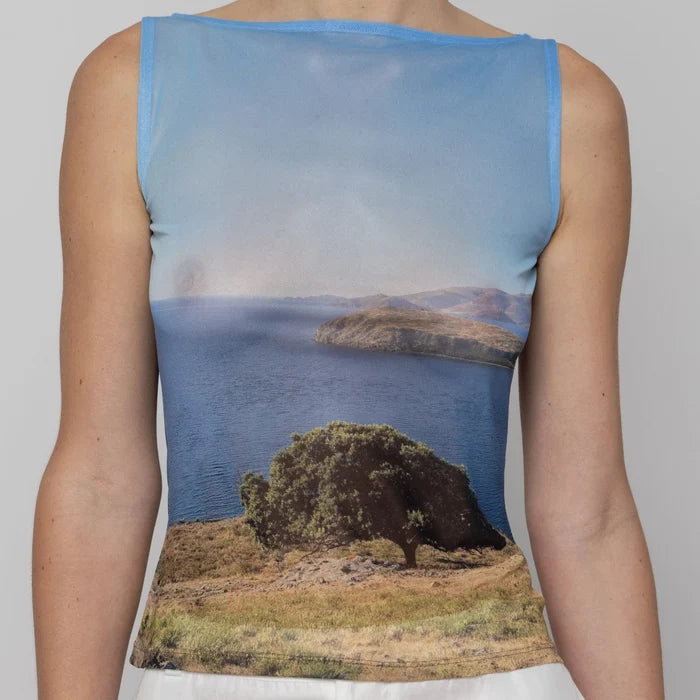 Mesh Boat Neck Top in Tree Print