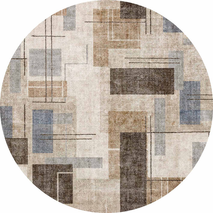 Round rug with a beige, brown, and blue geometric pattern of overlapping rectangles and thin lines.