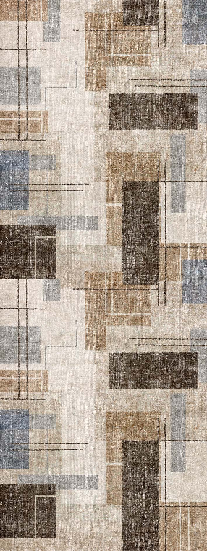 Beige, brown, and grey rug featuring an abstract geometric pattern of overlapping rectangles and thin linear accents.