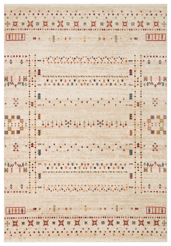 Beige area rug with a distressed finish and a multi-colored geometric pattern of small diamonds, stripes, and symbols.