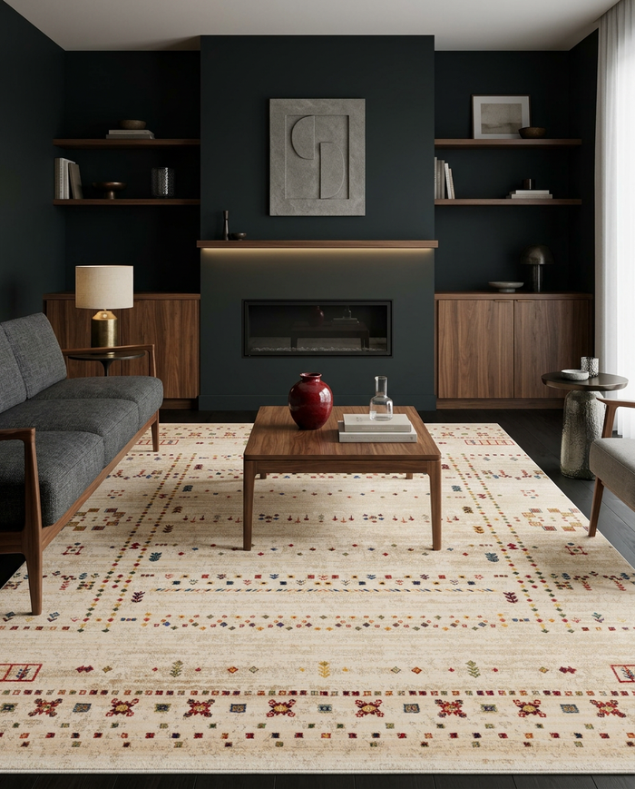 Cream rug with a multi-colored geometric border and scattered tribal motifs, styled in a modern living room.
