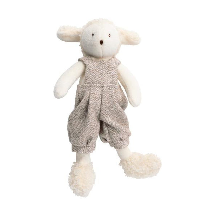 Stuffed toy sheep wearing a textured outfit on a white background