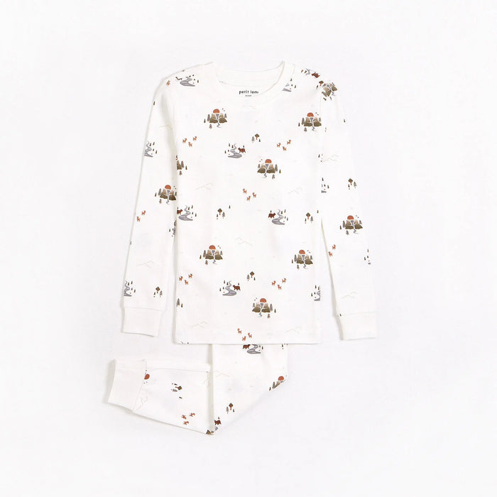 Petit Lem baby and toddler boys National Park landscape pajama set in Off-White with matching pants.