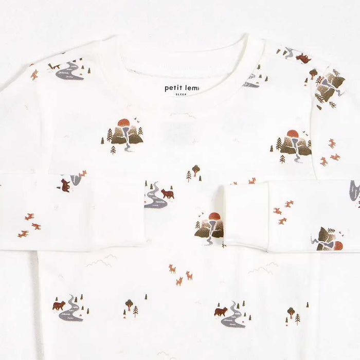 Petit Lem boys organic cotton rib pajama set with mountain print, elastic cuffs, and pull-on waistband.