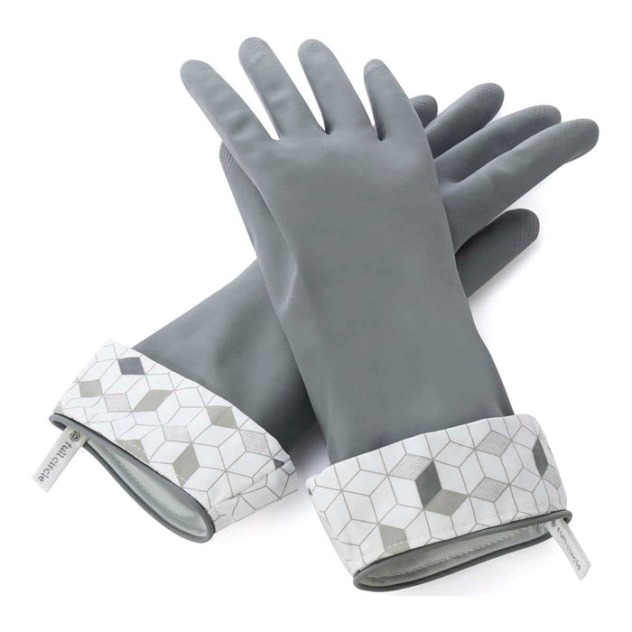 Grey gloves with geometric patterned cuffs on a white background.