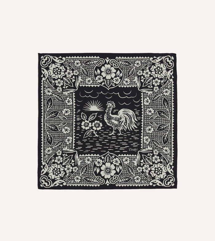Navy Cockerel Print Silk Pocket Square