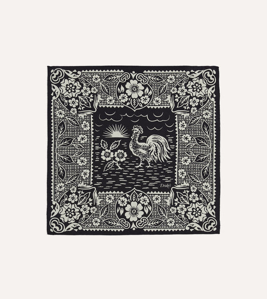 Navy Cockerel Print Silk Pocket Square