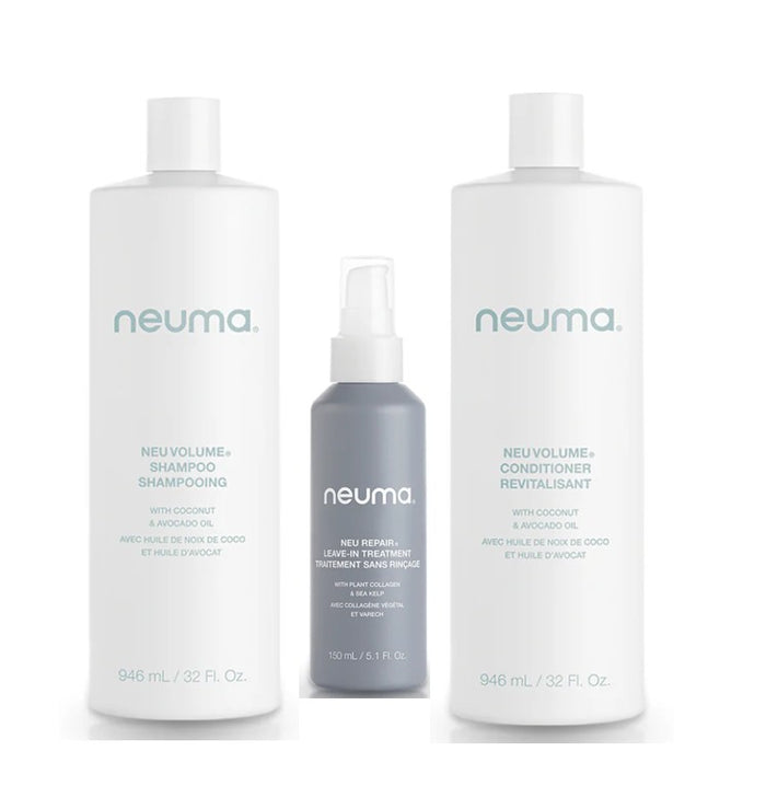 Neuma hair care product set including shampoo, conditioner, and leave-in treatment on a white background