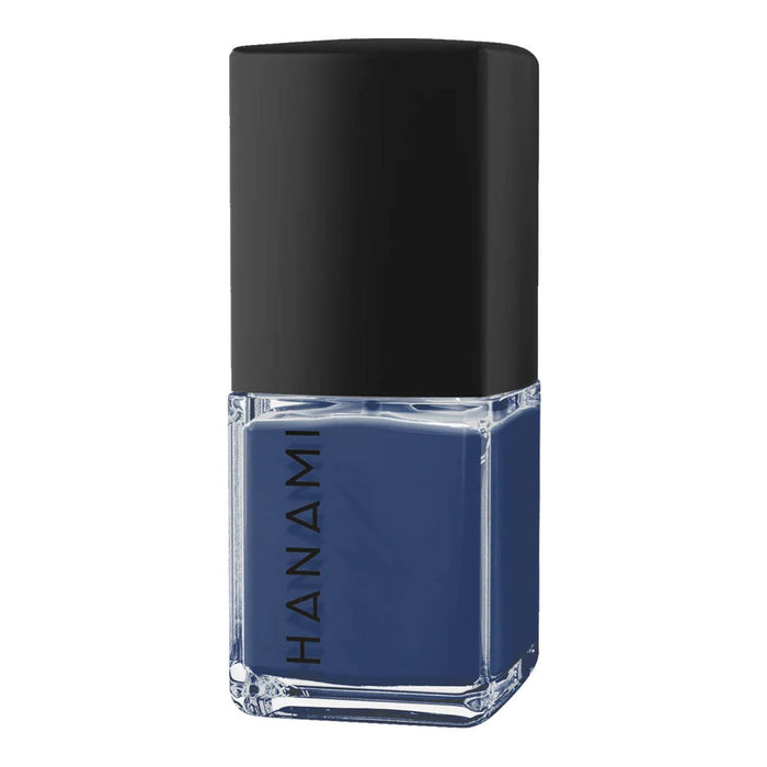 Blue nail polish bottle with black cap on a white background.