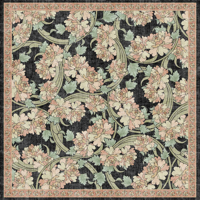 Black rug with a floral pattern of pink peonies and sage green leaves, featuring a decorative pink border.