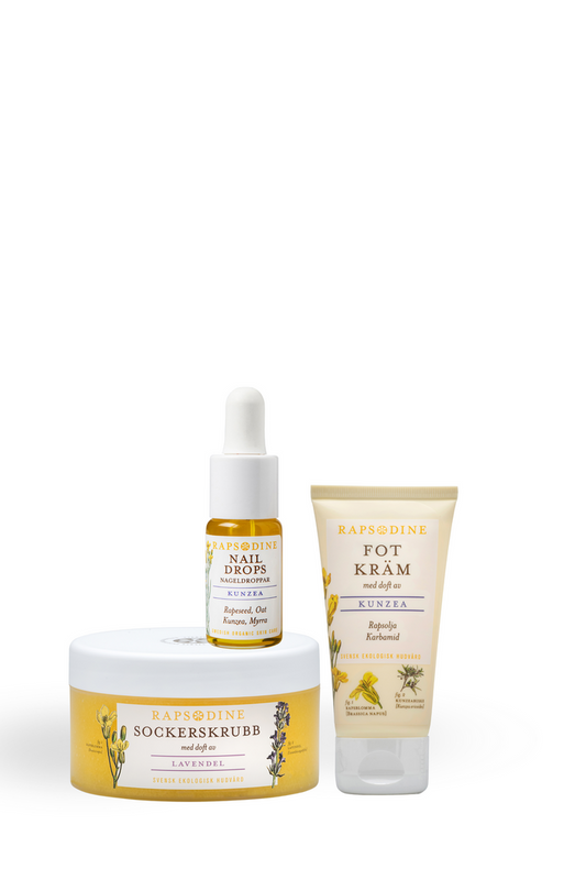 Rapsodine sockerskrubb, fotkräm Kunzea och Nail Drops naturlig hudvård på vit bakgrund