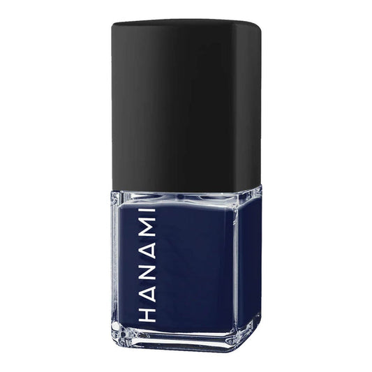 Navy blue nail polish bottle with black cap on a white background.
