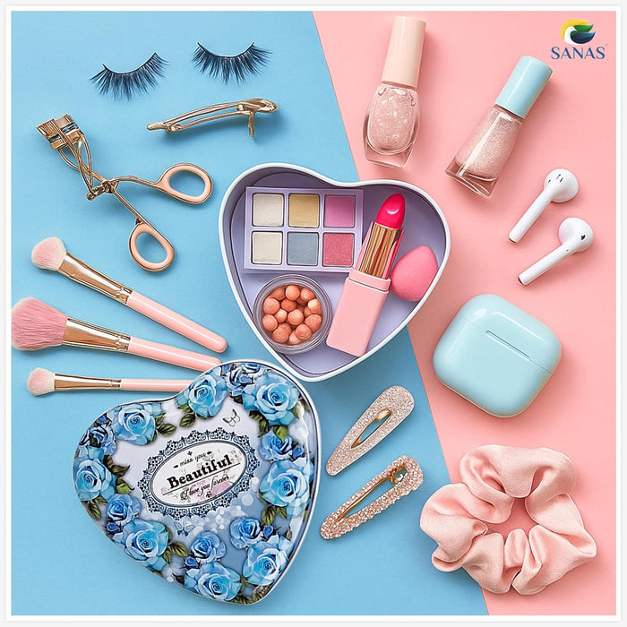 Blue Frame Heart Shaped Tin Box for Jewelry Storage and Organization