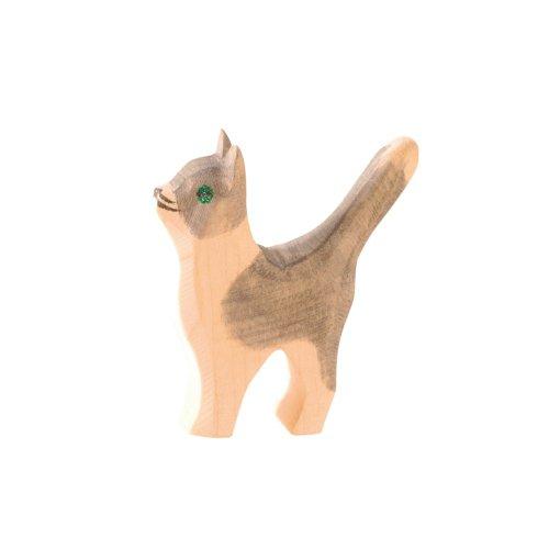 Ostheimer Cat, Gray and White, Head Up - wood, natural Wooden Figures for open-ended play - Title: Default Title