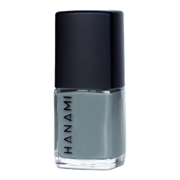 Gray nail polish bottle with black cap on a white background.