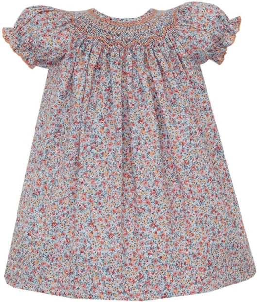 Petit Bebe Alice Lt. Blue/Orange Print Bishop Dress