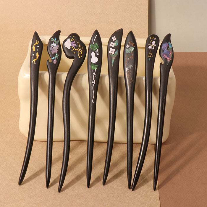 PF137 - 18cm Mother-of-pearl Inlay Wooden Hair Sticks - Wholesale