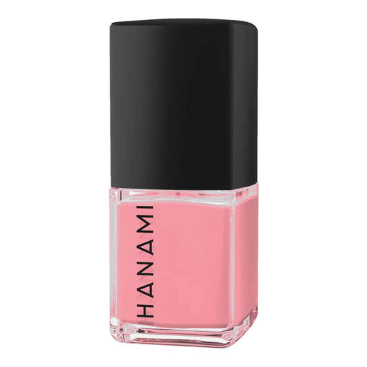 Pink nail polish bottle with black cap on a white background.