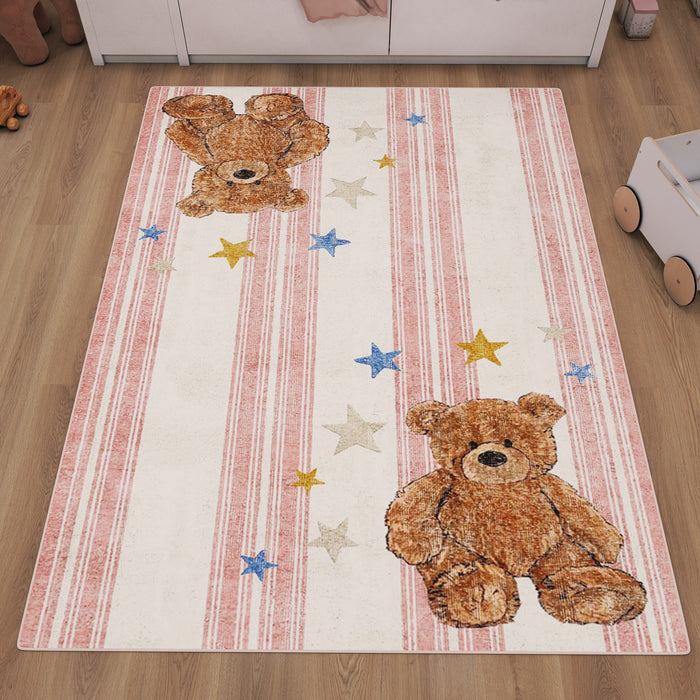 White and pink striped rug with teddy bear and star motifs, styled in a child's bedroom.