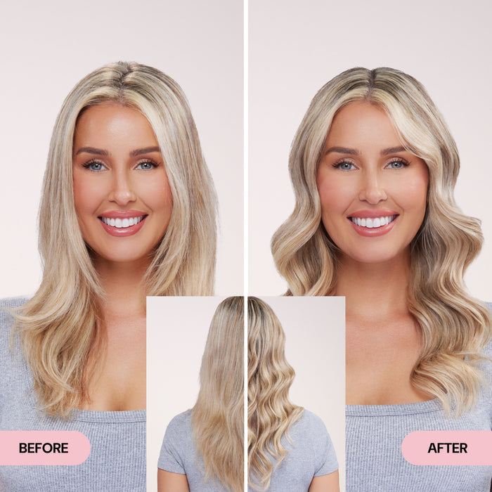 Before and after image showing transformation from straight, flat blonde hair to voluminous, wavy blonde hair.