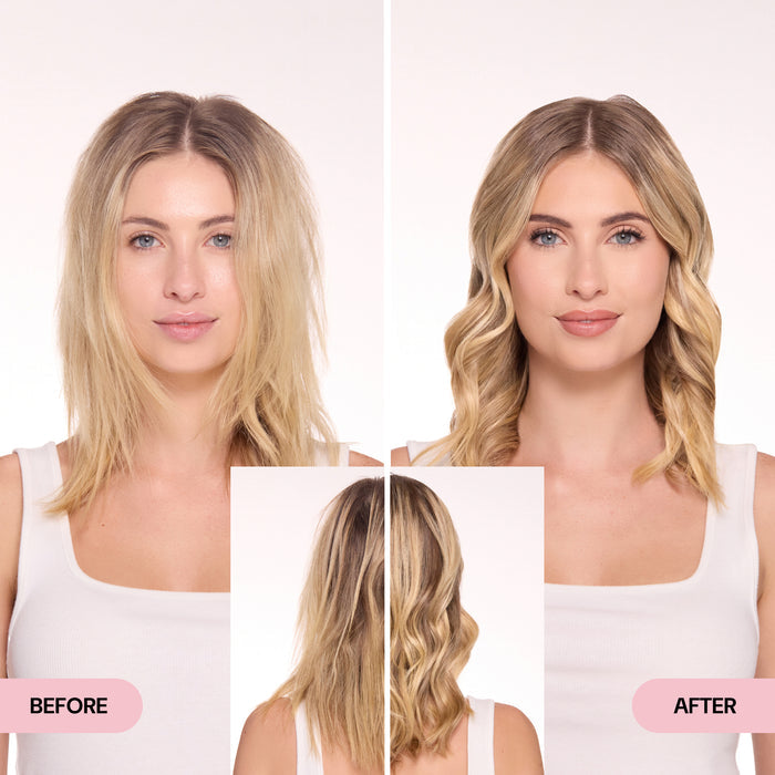 Before and after image showing transformation from frizzy, flat blonde hair to smooth, voluminous waves.
